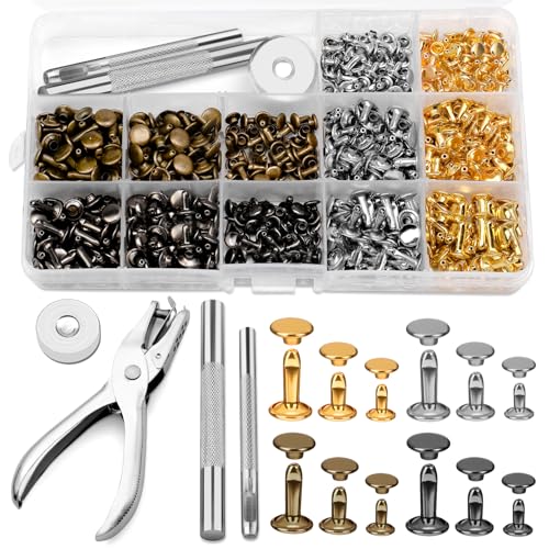 Reovin Leder Nieten Set 240 Set 3 Größen Doppelkappennieten Mit Leder Lochzange Installationswerkzeuge 4 Farben Ledernieten Hohlnieten Für LederBastelarbeiten Kleiderdekoration Und Reparatur