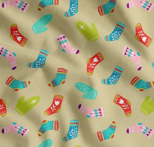 Image of Soimoi Beige Cotton Poplin Fabric Socks & Gloves Folk Art Printed Craft Fabric by the Meter 42 Inch Wide