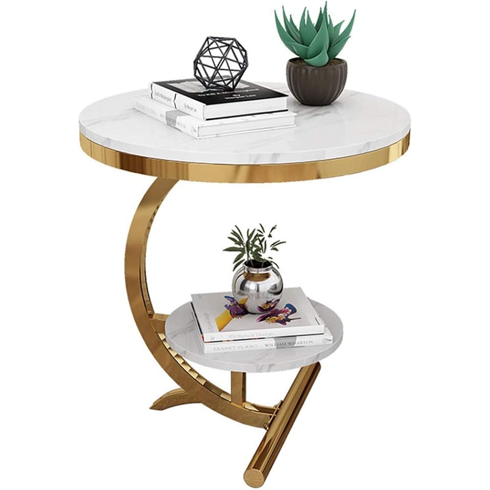 XJZKA Double layer Round Side Table C Shaped Marble Texture Finish End