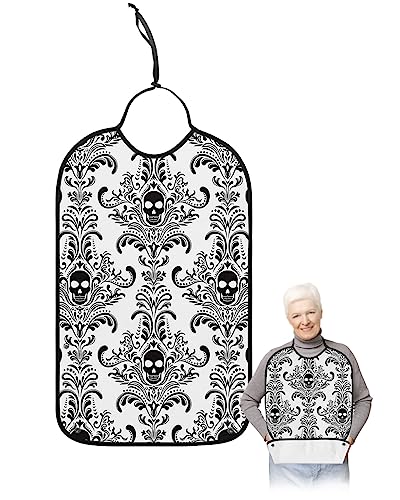 Halloween Adult Bibs for Eating, Waterproof Bibs with Food Catcher & Adjustable Snap Closure, Black Skull Modern Abstract Art White Washable Clothing Protectors Adult Bibs for Elderly Women/Men