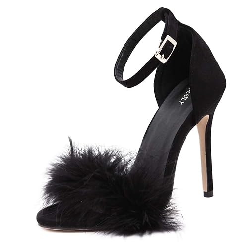 MMJULY Women's Open Toe Ankle Strap Fluffy Feather Stiletto High Heel Dress Sandal