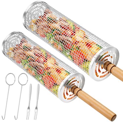 Grill Baskets (2PCS) Removable Wooden Handle Rolling Grilling Net Stainless Steel 304