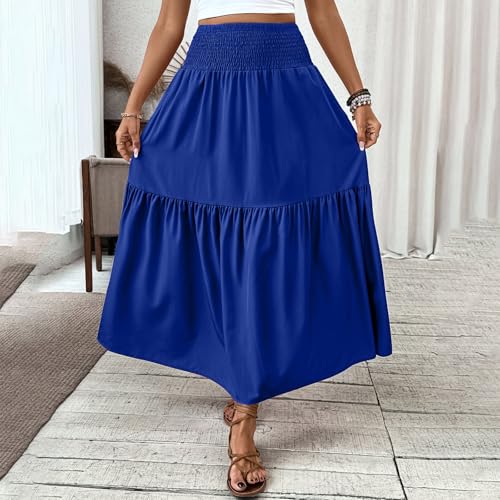 Lmdudan 2025 Summer Women's Boho Skirt Elastic High Waist Pleated A-Line Flared Maxi Skirts Womens Flowy Long Skirts2