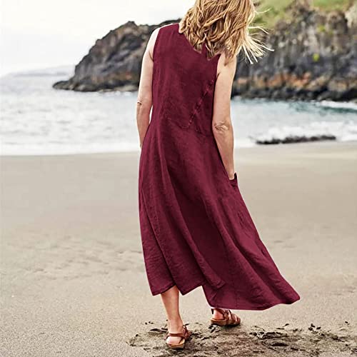 Plus Size Cotton Linen Summer Dresses for Curvy Women 2025 Sleeveless Maxi Vacation Beach Sundresses with Pockets