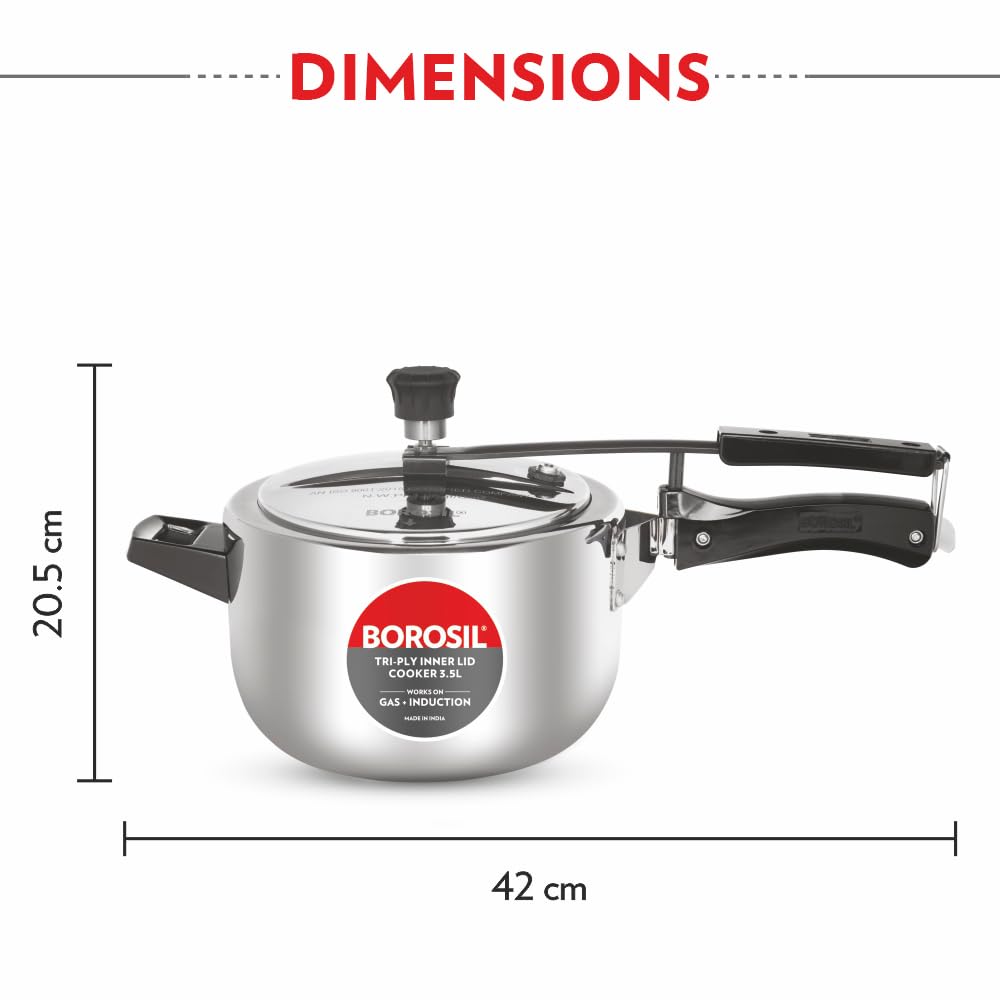 Borosil Triply Induction Base Inner Lid Stainless Steel Pressure Cooker, 3.5 L, 1000 milliliters