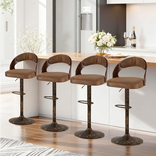 Butaco VECELO, Set de 2 taburetes de bar con respaldo de madera curvada, brazos y reposapiés, rotación 360°, altura ajustable para cocina y bar, asiento acolchado en cuero sintético PU, color marrón oscuro miniatura 3