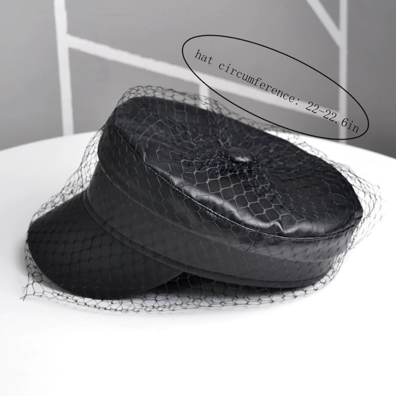 Teanea Faux Leather Black Newboy Cap with Veil Chic Fiddler Hat Visor Beret for Women