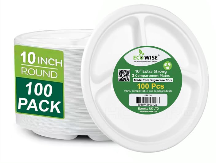 Best House Strong Bagasse Plates Biodegradable & Compostable Dinner Party Plates 10 Inch 3 compartments - Sugarcane Plates Made of Sugarcane Perfect for Everyday USE Party Picnic BBQ (Pack of 100)
