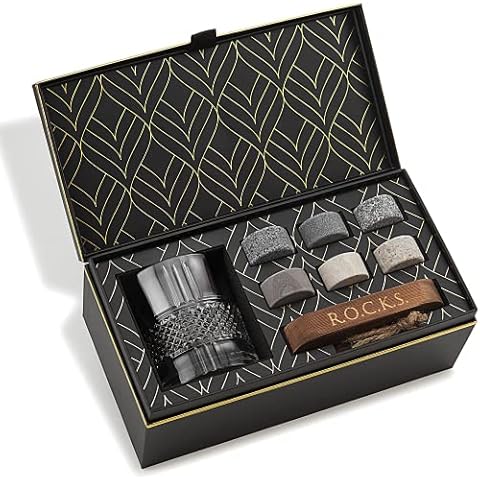 Whiskey Stones & World’s First Eco-Crystal Glass Gift Set - 6 Handcrafted Granite Round Sipping Rocks - European Crafted Reserve Whiskey Tumbler (340ml) - Hardwood Presentation Tray - Gold Foil Box Cover