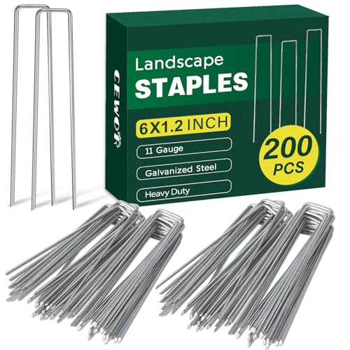 CEWOR 200 Pack 6 Inch Landscape Staples, 11 Gauge Galvanized Garden Stakes U-Shaped Landscaping...