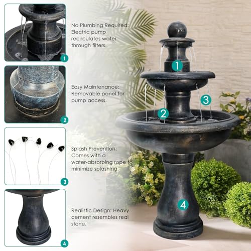 Image of SunJet 45.2 inch High 3-Tiers Modern Concrete Outdoor Water Fountain - Round Large Outdoor Fountains and Waterfalls for Garden, Patio, Yard, and Deck Decor, Featuring Natural Stone Look (Black, 45.2inch)