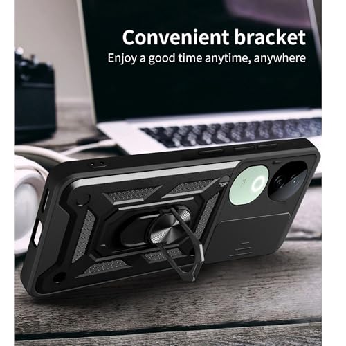 Image of SPAZY CASE vivo V50 5G Back Cover | Heavy Duty Hybrid Case with 360 Degree Rotating Finger Ring Holder + Slider Shutter Camera Protection Case for vivo V50 5G - Black