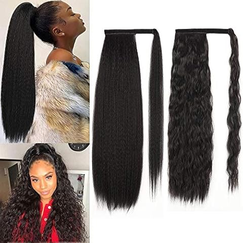 YEESHEDO 2 Pack Ponytail Extensions, Wrap Around Yaki Ponytail Extension and Curly Ponytail Magic Hairpiece Synthetic Hair Extension For Women (24inch,Black) Cover