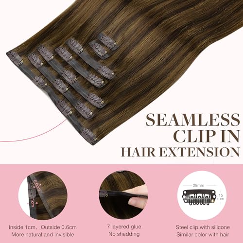 Image of GOO GOO Clip in Hair Extensions Real Human Hair, Remy Human Hair Extensions Clip ins for Women, Natural Human Hair, 16inch 110g 7Pcs, 2C /4E /6C Brown Sugar Swirl Highlights