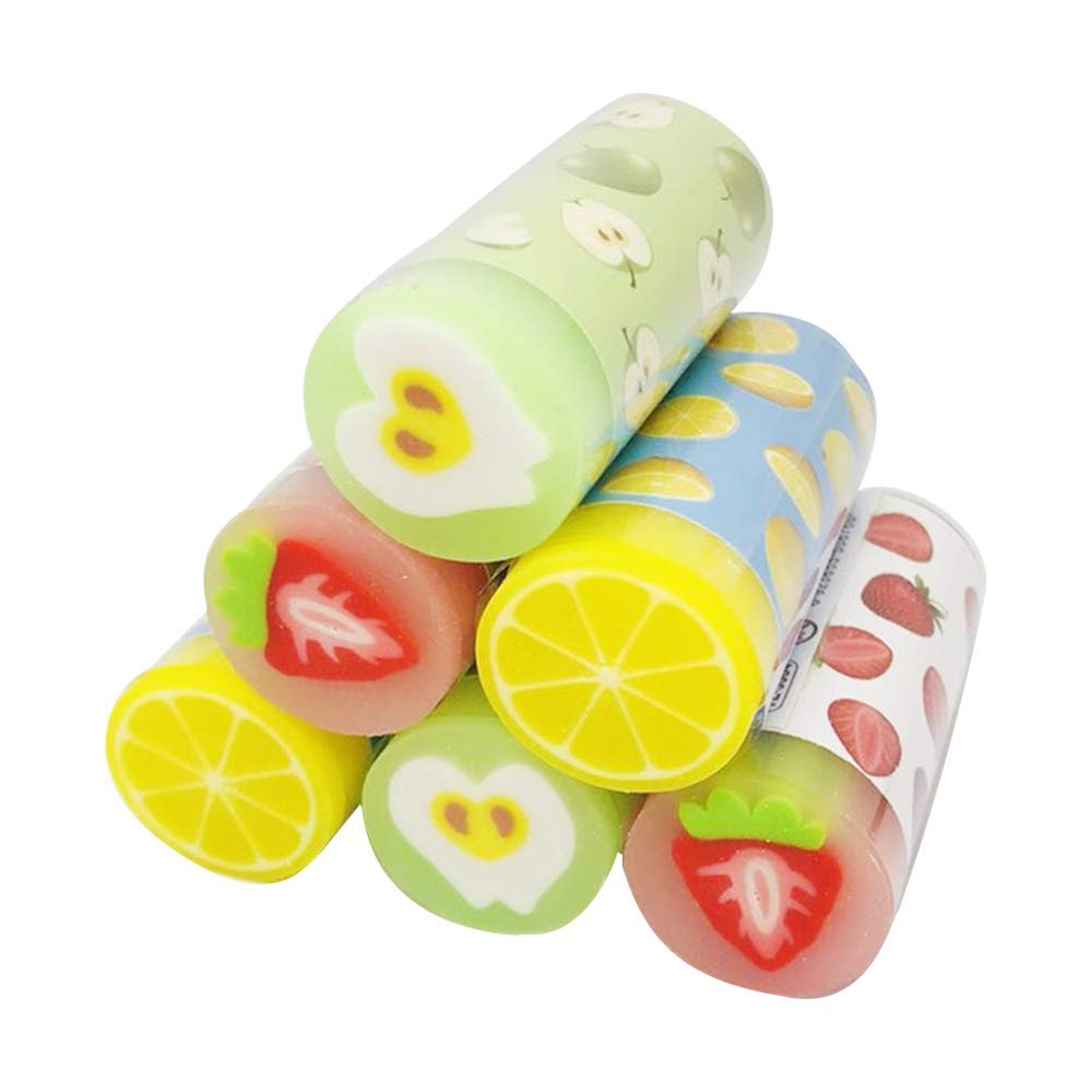 CrazyCharlie Fruit Pencil Erasers, 6pack Cute Erasers Cylindrical