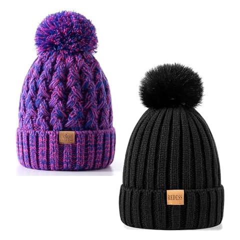 PAGE ONE Womens Winter Knitted Beanie Hat Warm Fleece Lined with Pompom Cap Thick Slouchy Snow Knit Skull Ski Cap Cover