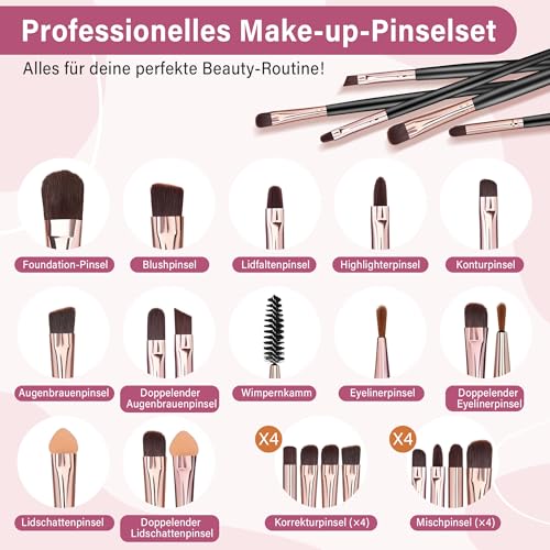 20-teiliges Schminkpinsel Set, Professionelle Makeup Pinsel für Foundation, Concealer Und Lidschatten, Premium Make Up Pinsel Set mit Reiseetui, Ideal für Anfänger & Profis (Roségold)