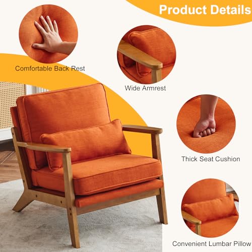 Image of Karl home Mid-Century Lounge Accent Chair, Burnt Orange | Wide Curved Armrest, Linen Fabric, Lumbar Pillow Included, Solid Wood Frame, For Living Room, Bedroom, Balcony, Apartment