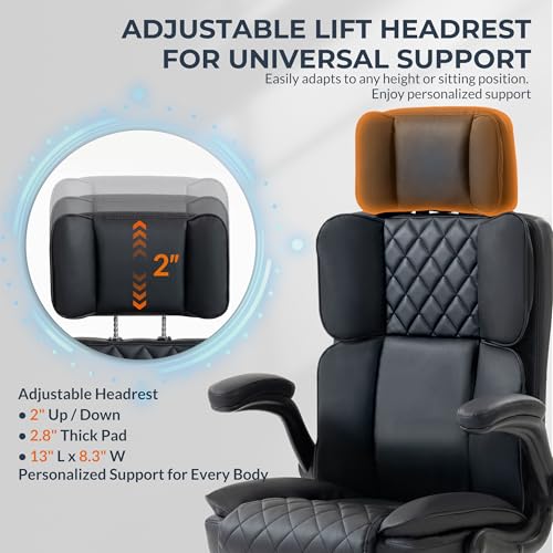Image of Office Chair with Adjustable Headrest - Executive Leather Desk Chair for Home Office, with Flip-Up Arms & Ergonomic Lumbar Support, Perfect for Work and Study, Black