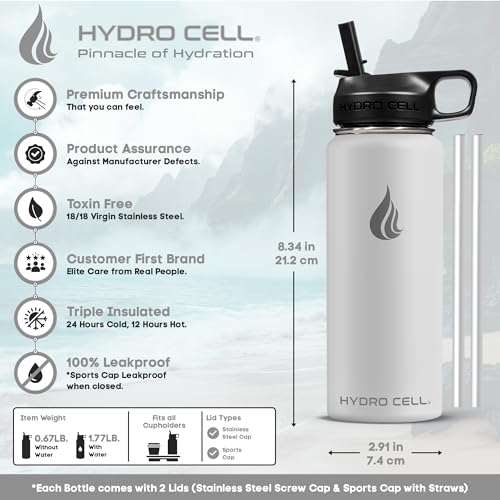 Image of HYDRO CELL Stainless Steel Insulated Water Bottle with Straw - For Cold & Hot Drinks - Metal Vacuum Flask with Screw Cap and Modern Leakproof Sport Thermos for Adults (Frost 18oz)