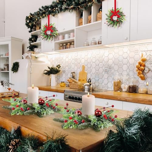 Image of 6 Pcs Christmas Candle Rings Wreaths Artificial Snowy Pine Cedar Red Berry Clusters Candle Rings Wreaths Mini Christmas Balls Wreath for Xmas Winter Front Door Window Decorations