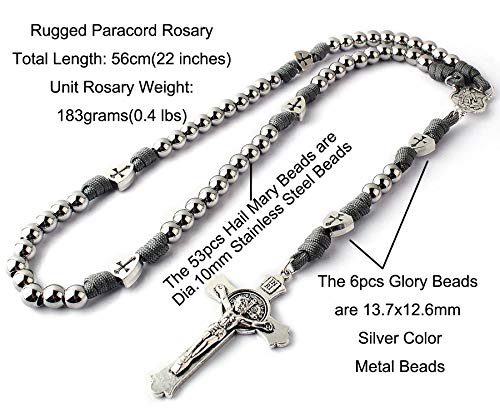 HanlinCC Large and Heavy Stainless Steel Beads Rugged Durable Paracord Rosary Necklace for Men with St.Michael Center Piece and St.Benedict Crucifix2