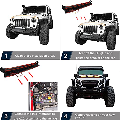 Hooke Road Wrangler Hood Protector Bug Deflector Guard w/Bright Amber Lights Compatible with Jeep Wrangler JK 07-18