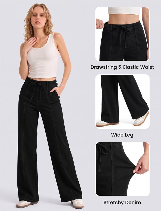 keriffe Women's Wide Leg Jeans Drawstring High Waisted Stretchy Denim Pants - image 4