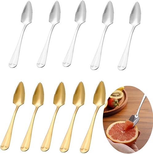 Juego de 10 cucharas de pomelo, cucharas de postre de acero inoxidable de grado alimenticio, utensilios de toronja dentada, adecuadas para frutas