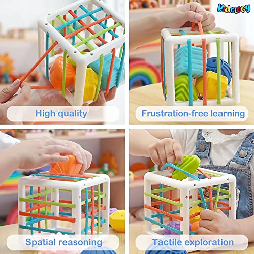 Image of Kidology Baby Shape Sorting Toy | Montessori Sensory Toys with 6 Pcs Blocks Colorful Cube for Kids | Shape Sorting Bin with Elastic Bands Fine Motor Skill Early Learning Preschool Educational Blocks