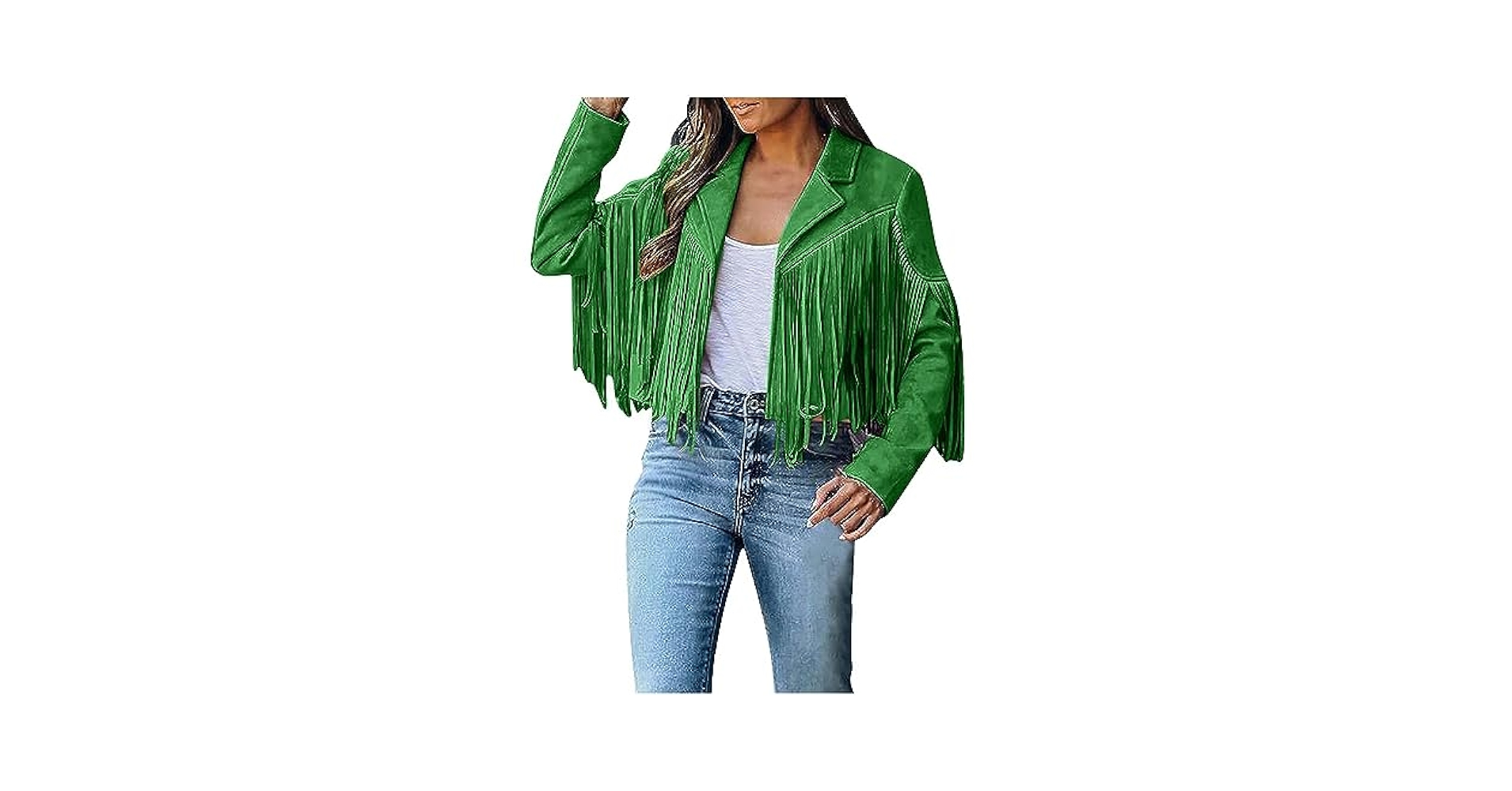 Women'S Faux Suede Leather Fringe Jacket Cowgirl Crop Moto