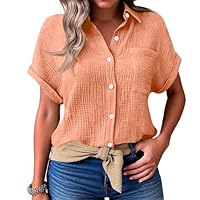 Chemisier Femme Manches Courtes Col V Boutons et Poches Chemise Gaze de Coton Blouse Femme Chic et élégant Tunique Lin Grande Taille Lâche Respirant Haut Ete, Orange, M