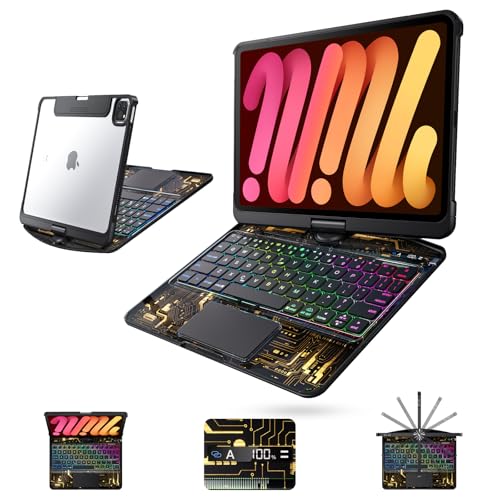 Image of Clear Wireless Keyboard Case for iPad mini 7 A17 Pro (2024) / Mini 6 (2021) 8.3 inch w /Multi-Touch Trackpad, 7-Color Backlit, Pen Holder, 360 Rotating Case for iPad mini 7th /6th Generation,Black