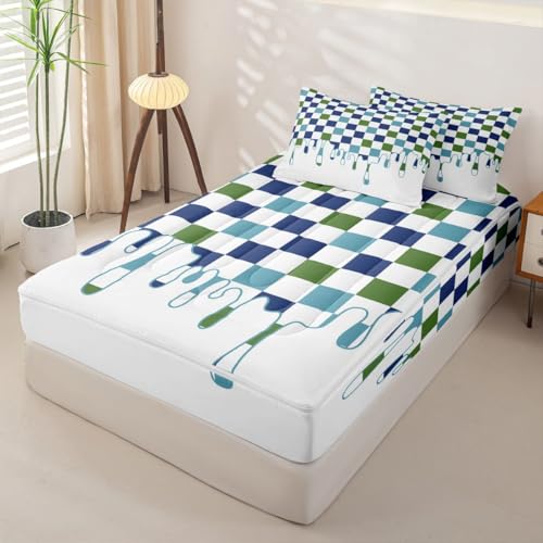 Image of Blue Green Checkered Zipper Bedding Twin - 4 Piece Zip Up Comforter Set with Fitted Sheet & Pillowcases,Soft Bed-in-a-Bag Set for Bunk Beds & Rvs,Checkerboard Drip Indie Aesthetic Funky Geometric