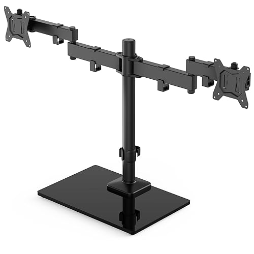 HUANUO Freestanding Dual Monitor Stand, 32 Inch Dual Monitor Mount for 2 Screens, Holds up to 19.8 lbs per Arm, Monitor Arm Riser with Tempered-Glass Base, Tilt, Swivel, Rotation, Black