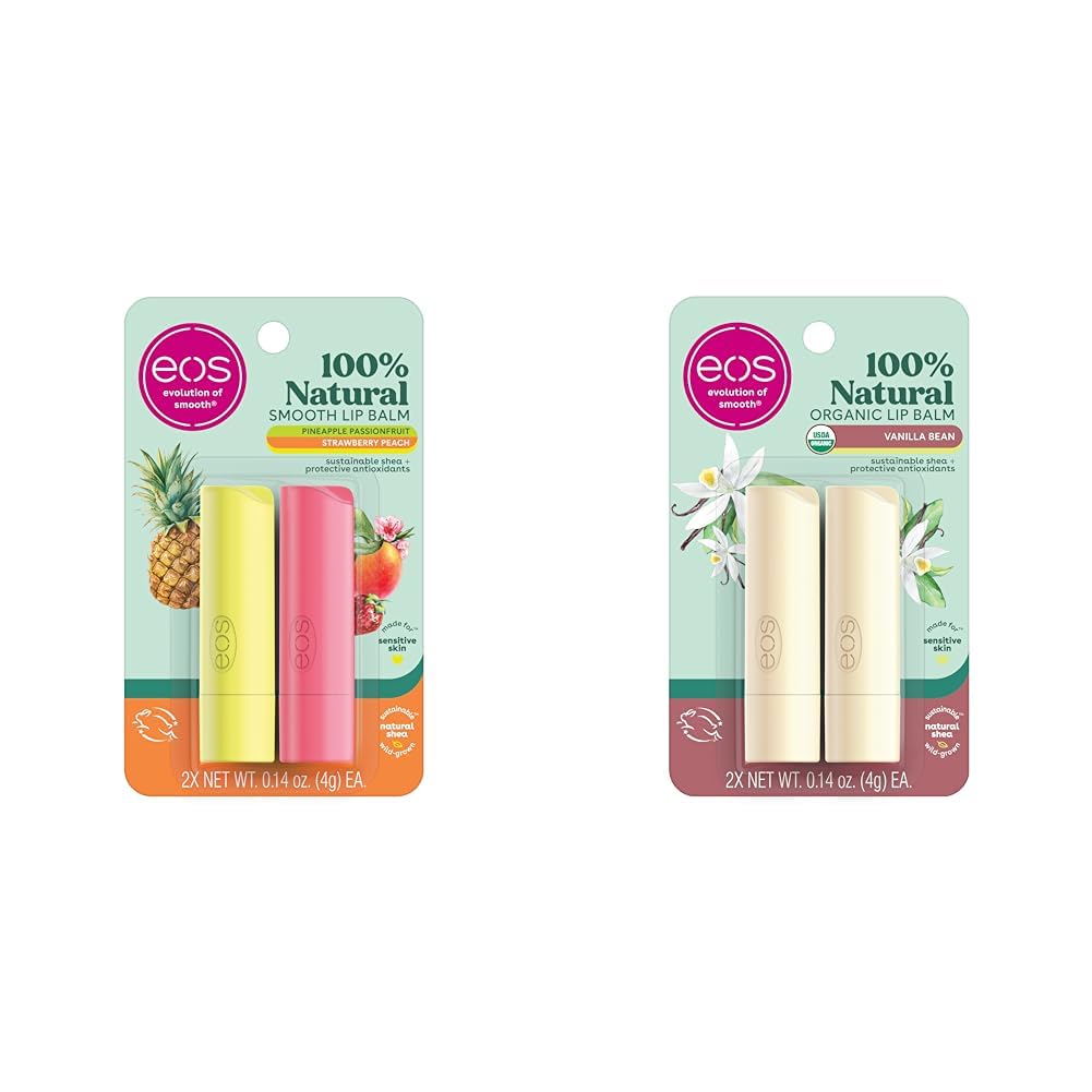 eos100% Natural Lip Balm - Strawberry Peach and Pineapple Passionfruit, Dermatologist Recommended & 100% Natural & Organic Lip Balm Sticks- Vanilla Bean, All-Day Moisture