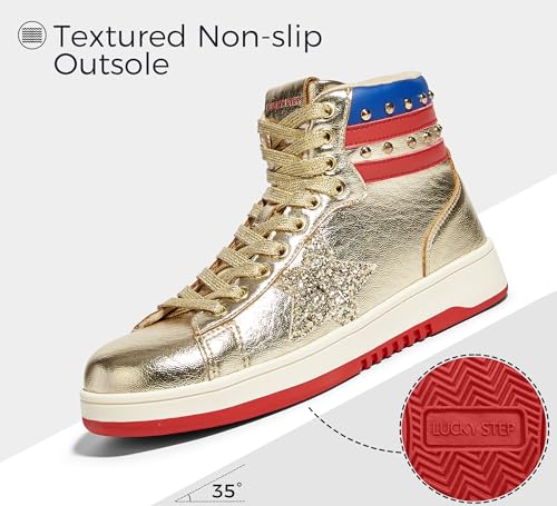 LUCKY STEP Women High Top Fashion Glitter Star Sneakers Retro Zipper Ankle Boots Basketball Tennis Casual Faux Leather Walking Shoes2