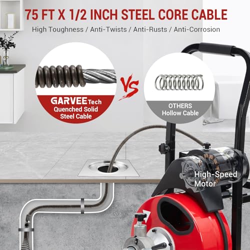 Image of Electric Drain Auger on Wheels, 75FT x 1 /2IN Steel Cable 250W, Automatic Feed Drain Cleaning Machine with 8 Multi-Style Cutters & Shock-Absorbing Wheels for Toilet /Sink /Pipe Clogs