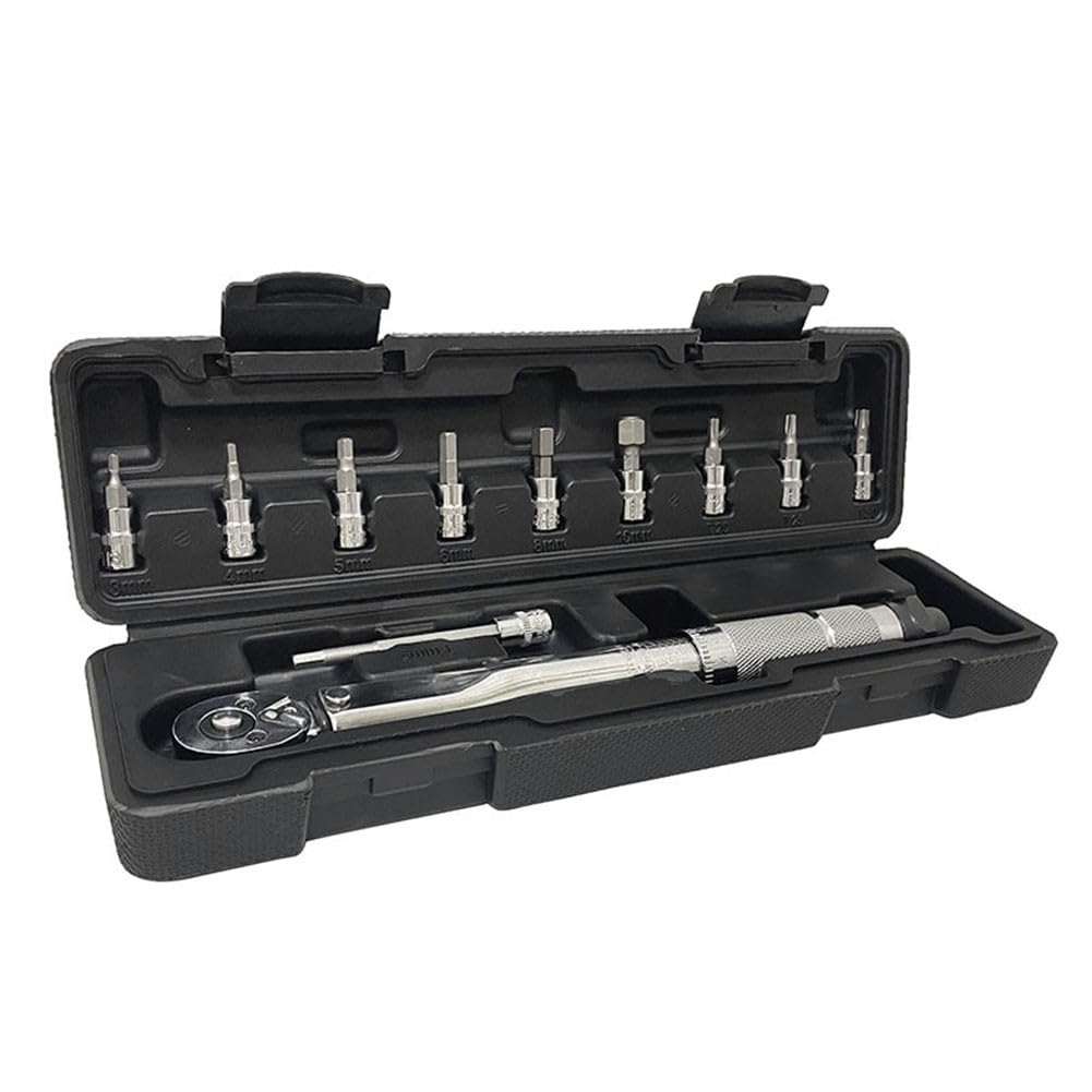 EasyByMall Set di chiavi dinamometriche a scatto da 1/4", 5 – 25 Nm, con 9 prese e asta di prolunga, per riparazione auto e bici, 11 pezzi