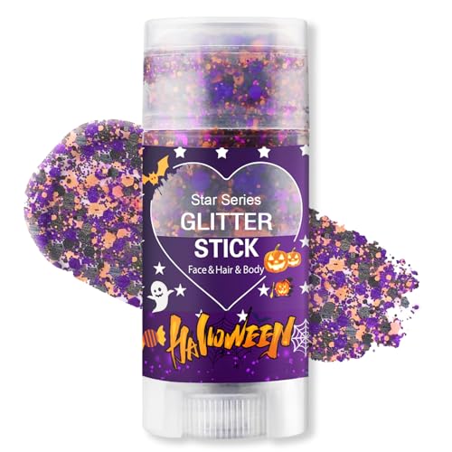 Halloween Body Glitter Stick Black Orange Purple Sequin Hair Glitter for Rumi Costume Cosplay and Tattoos Makeup Chunky Glitter Face Paint Waterproof Face Glitter Gel for Glirs and Women