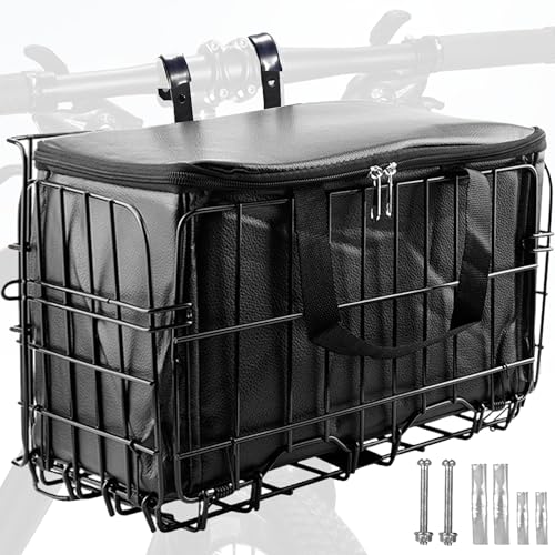 SUQ Cesta de Bicicleta Plegable con Bolsa Forrada de Nylon Negro, Cesta de Bicicleta Delantera de Alambre de Acero para Mascotas, Compras, Desplazamientos, Camping y al Aire Libre (Negro)