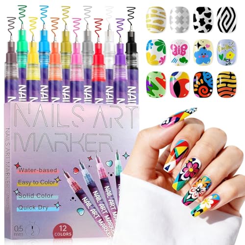 Image of HUBTURE 12 Color Pens Set, Nail Polish Pens 0.5MM Fine Tip Acrylic Paint Pen Nail Art Markers Quick-Dry Nail Art Tools for Dotting Drawing Painting DIY Nail Art Beauty Manicure