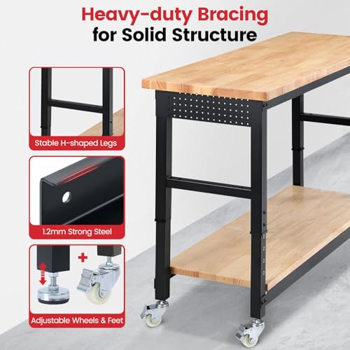 ENJOYWOOD Work Bench for Garage Adjustable Workbenches with Storage 60 Inch Garage Workbench with Under Table Shelf, Pegboard, Power Outlets for Woodworking, Home, Office, Workshop - Image 4