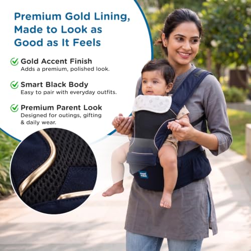 Image of Mee Mee Vistara Gold 6-in-1 Baby Sling Carrier with Hip Seat | Ergonomic Lumbar Support | Premium Gold Finish | Breathable Mesh Fabric | Adjustable & Secure for Newborns to Toddlers (Up to 15 kg, Darkblue)