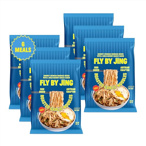 Image of FLYBYJING Roasted Garlic Noodles - Sun-Dried Asian Instant Noodles with Umami Roasted Garlic Sauce - Ready in 6 Minutes - Premium Non-Fried Vegan Noodle, 12g Protein, Non-GMO (Pack of 6)