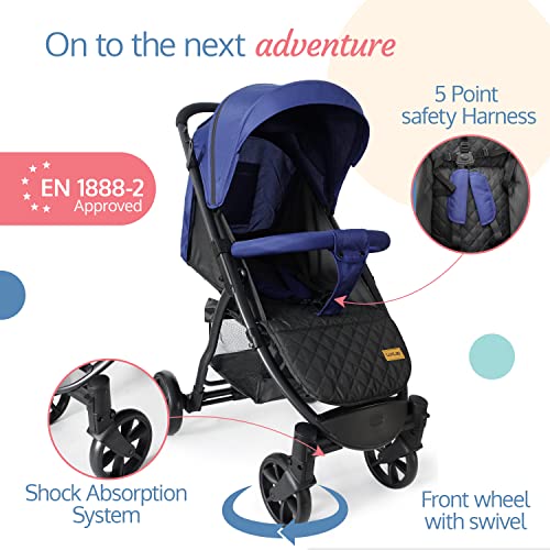 Image of LuvLap Primo Baby Stroller /Pram with 5 Point Safety Harness, EN1888-2 Certified, Looking Window, Multi Level Recline & Adjustable footrest, Extendable Canopy, Blue