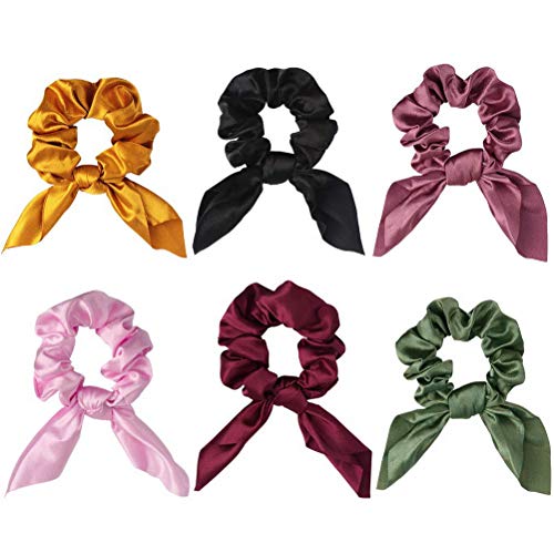 Pengxiaomei Hair Elastics Scrunchies, 6 Pieces Solid Color Bow Satin Scrunchies Hair Chiffon Ponytail Holder Scrunchy Hair Ties Accessories