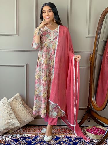 Image of Navlik Women's Viscose Rayon Embroidered and Printed Flared Kurta with Pant and Dupatta Sets (NK-411)