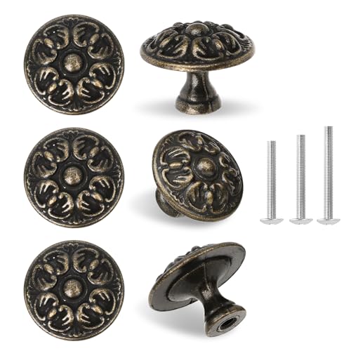 ShipeeKin Lot De 6 Boutons De Meuble Rétro Antiques 30 Mm - Motif Fleurs De Château - Boutons En Bronze Vintage - En Laiton - Pour Armoire, Commode, Cuisine