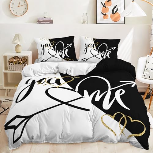 AILONEN Couple You and Me Duvet Cover Set King Size,3 Pieces Black and White Comforter Cover Set,Love Hearts Print Quilt Cover with 2 Pillowcases